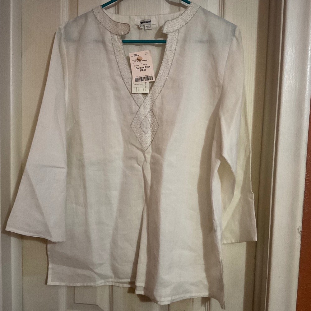Brand new long sleeve white blouse in large with beaded design